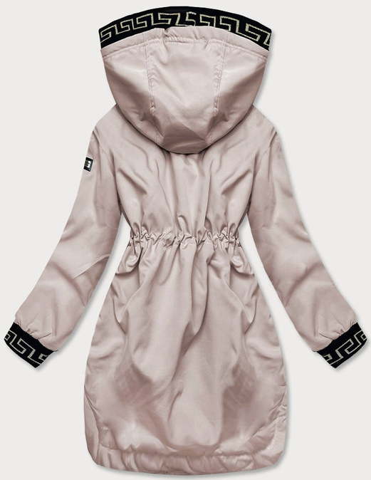 Beżowa kurtka płaszcz z ozdobnymi lampasami we wzory z kapturem