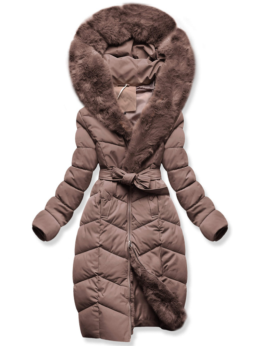 Brązowa ciepła zimowa pikowana kurtka z futrzanym kapturem