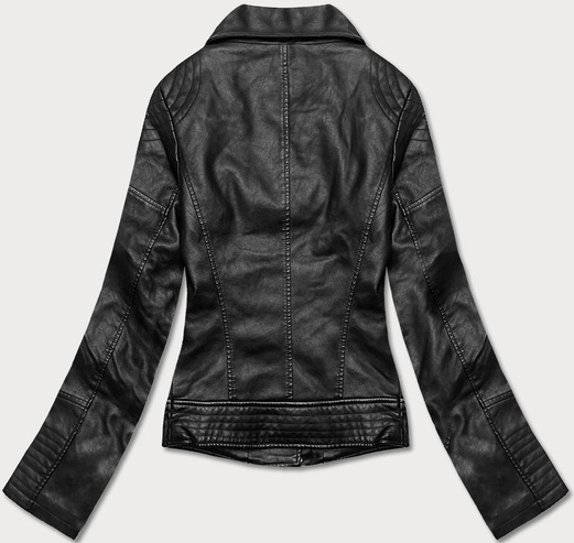 Czarna kurtka ekoskóra ramoneska zapinana na skos z klapami i ozdobnymi przeszyciami