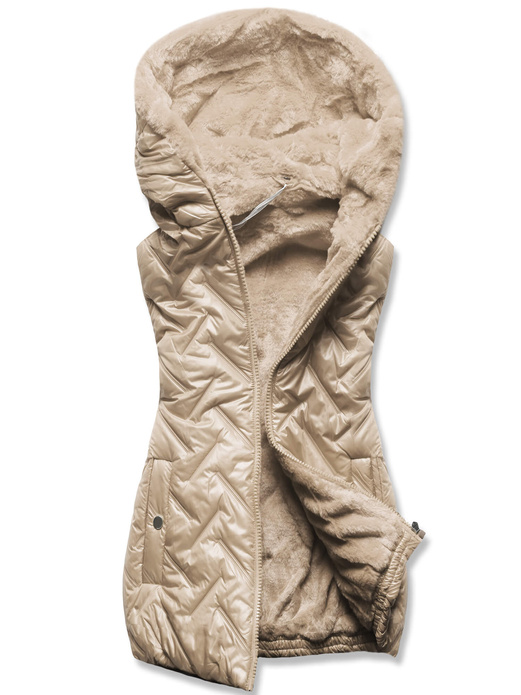 Beżowy damski unikalnie pikowany bezrękawnik na futerku