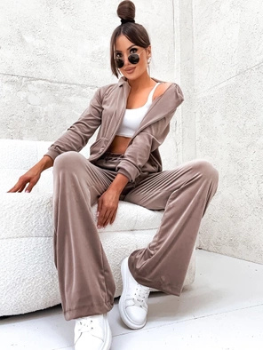 Cappuccino welurowy dres gładki komplet z szerokimi spodniami
