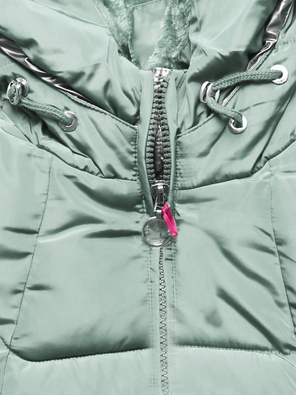 Miętowa długa pikowana zimowa kurtka płaszczyk z kapturem srebrna wstawka