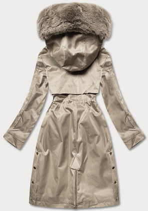 Beżowy zimowy ocieplany płaszczyk z kapturem
