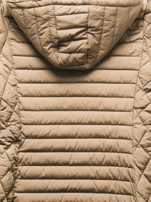 Piaskowa przejściowa długa pikowana kurtka płaszczyk z odpinanym kapturem