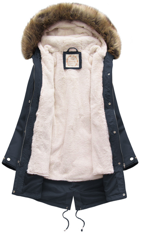 Granatowa zimowa ciepła kurtka parka na futrze