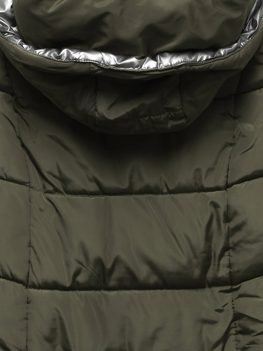 Khaki długa pikowana zimowa kurtka płaszczyk z kapturem srebrna wstawka