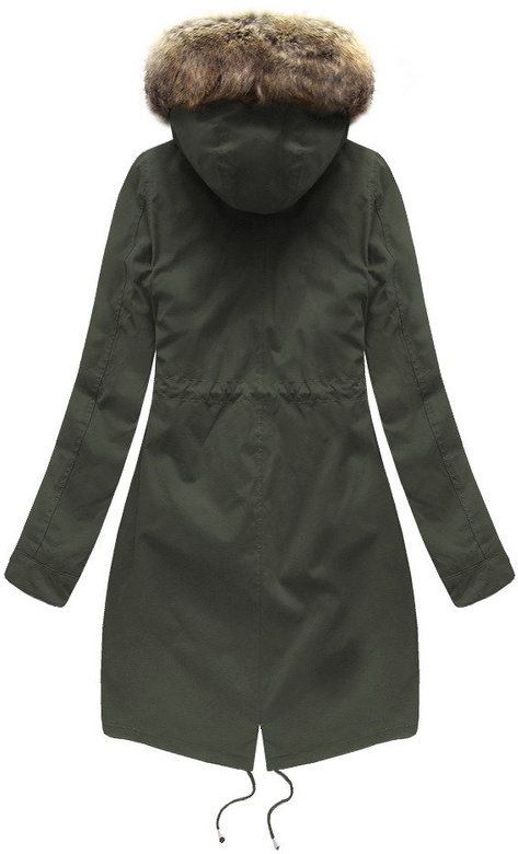 Ciemnozielona zimowa ciepła kurtka parka na futrze