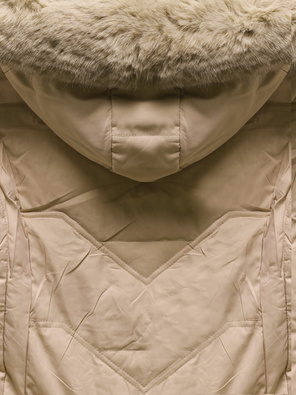 Beżowa damska kurtka zimowa z podszewką na futerku z kapturem