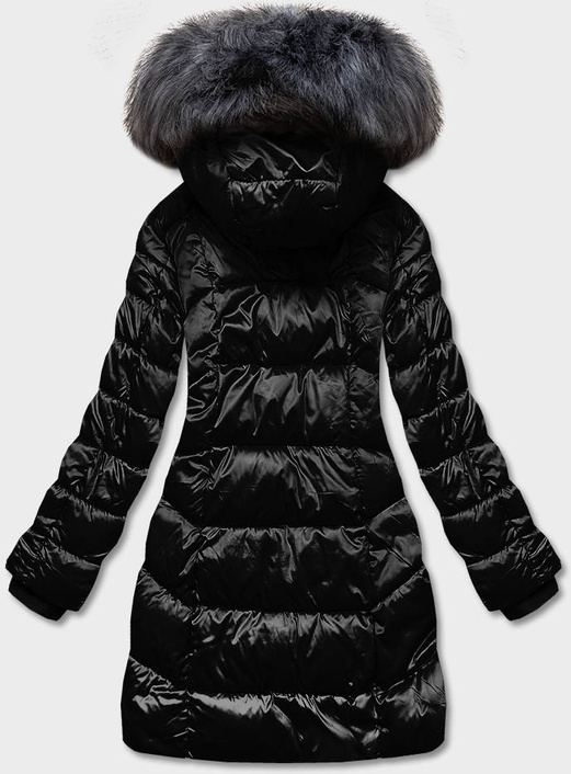 Czarna długa błyszcząca zimowa pikowana kurtka