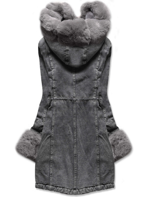 Czarno szara jeansowa zimowa kurtka płaszczyk futro