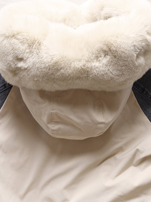 Beżowo granatowa damska zimowa kurtka parka z łączonymi materiałami 