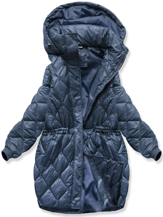 Granatowa oversizowa zimowa damska pikowana w karo kurtka z kapturem