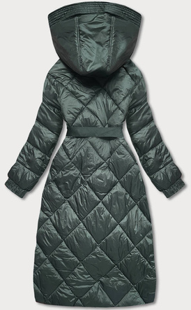 Zielona długa pikowana puchowa kurtka płaszczyk z kapturem