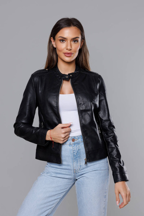 Czarna kurtka ekoskóra ze stójką ramoneska gładka zapinana na suwak