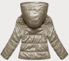 Beżowa błyszcząca przejściowa pikowana kurtka z kapturem zapinana na suwak