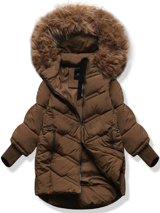 Brązowa unikalna trapezowa zimowa damska kurtka z kapturem