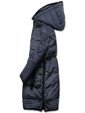 Granatowa zimowa długa taliowana kurtka płaszczyk z kapturem 