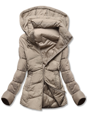 Ciemnobeżowa pikowana przejściowa kurtka z kapturem