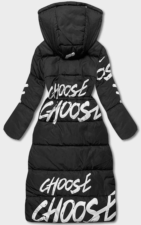 Czarno biała długa zimowa pikowana kurtka płaszczyk z napisami
