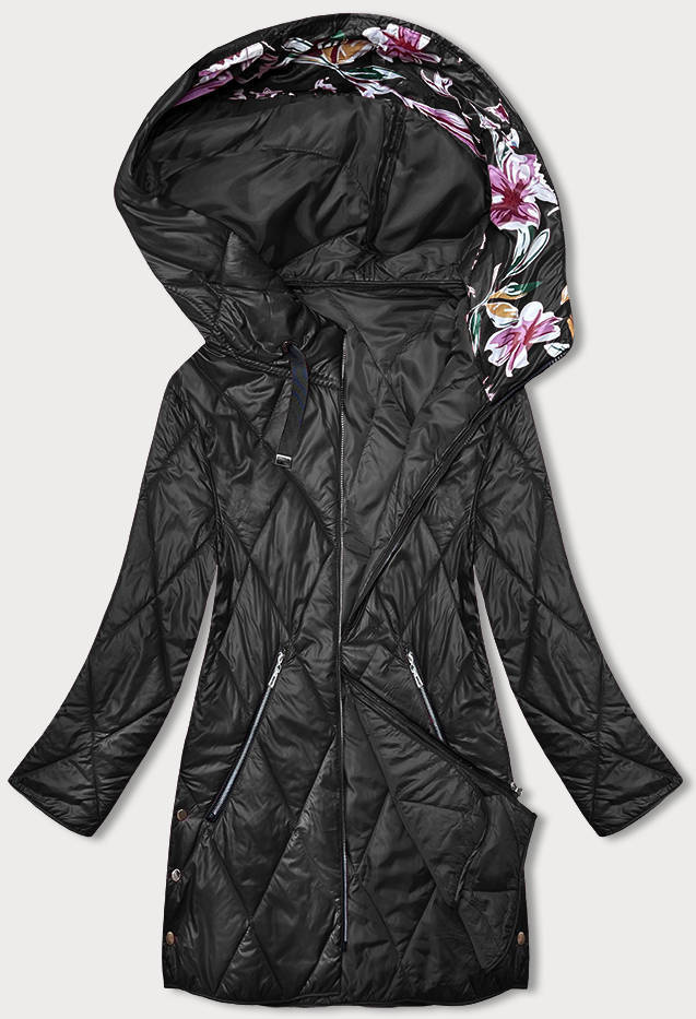 Czarna pikowana kurtka z kwiecistym kapturem PLUS SIZE