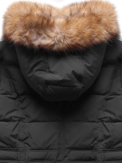 Czarna zimowa genialna ocieplana zimowa kurtka płaszczyk z kapturem futerko