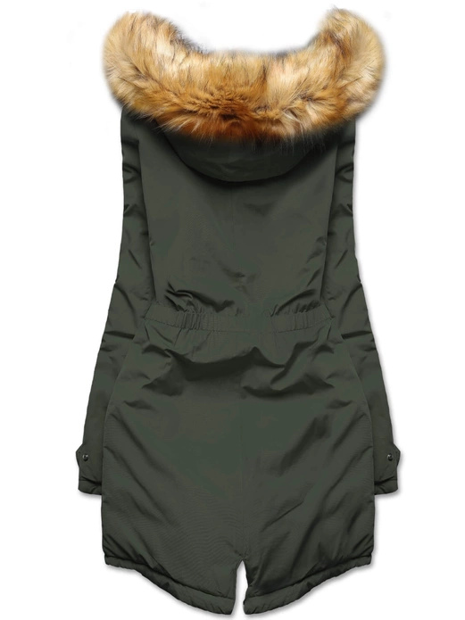 Zielono szara długa dwustronna ciepła kurtka parka z kapturem z odpinanym futerkiem