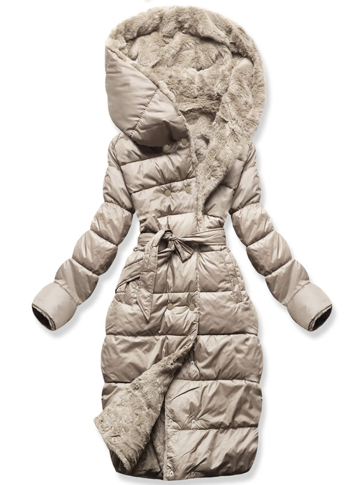 Beżowa zimowa dwustronna ciepła kurtka na futerku