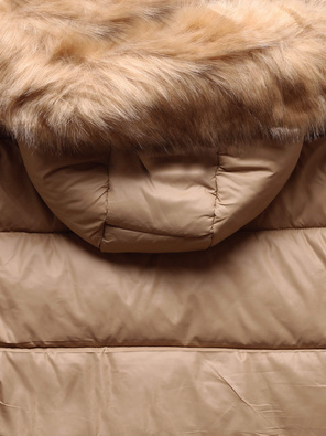 Beżowa damska kurtka z ozdobnymi kieszeniami i kapturem z futerkiem