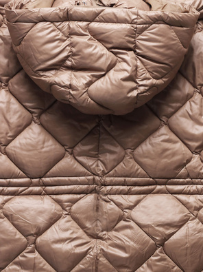 Brązowa oversizowa zimowa damska pikowana w karo kurtka z kapturem