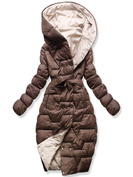 Czekoladowo beżowy dwustronny zimowy damski płaszcz z kapturem i paskiem