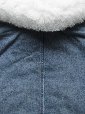 Niebiesko biała jeansowa kapitalna damska kurtka ocieplana futerkiem