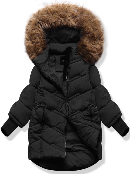 Czarna unikalna trapezowa zimowa damska kurtka z kapturem