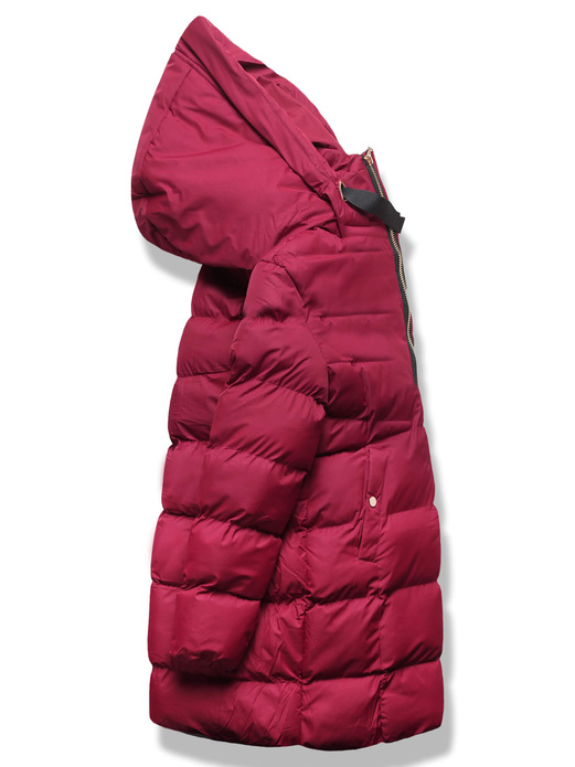 Bordowa zimowa kurtka z kapturem i kołnierzem płaszcz pikowany na suwak