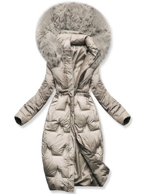 Beżowa długa zimowa unikalnie pikowana damska kurtka z kapturem