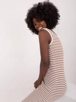 Beżowo biała obcisła sukienka w paski