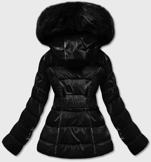 Czarna pikowana zimowa czadowa błyszcząca kurtka z futerkiem