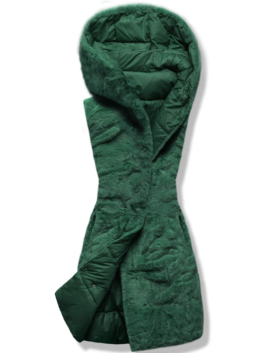 Zielony dwustronny damski pikowany bezrękawnik z kapturem na futrze