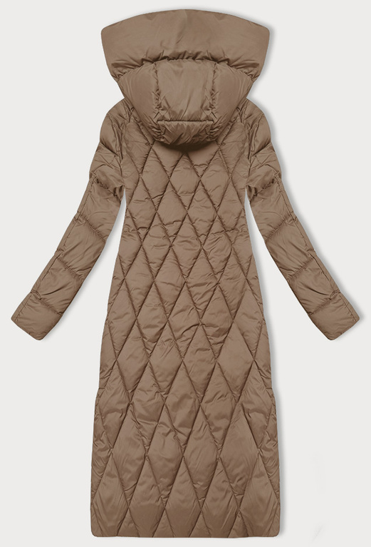 Beżowa długa pikowana w karo ciepła zimowa kurtka damska z kapturem