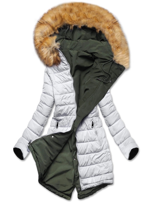 Zielono szara długa dwustronna ciepła kurtka parka z kapturem z odpinanym futerkiem