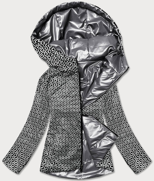 Szara dwustronna przejściowa kurtka damska z kapturem geometryczne wzory