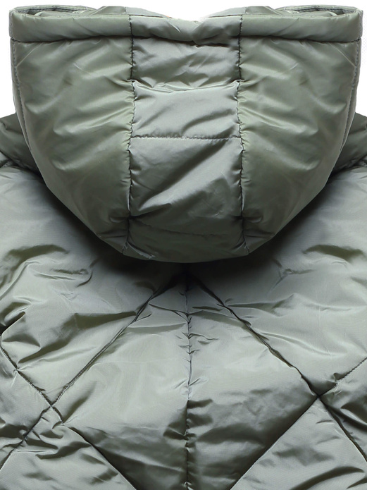 Khaki długa ocieplana pikowana kurtka płaszczyk z kołnierzem