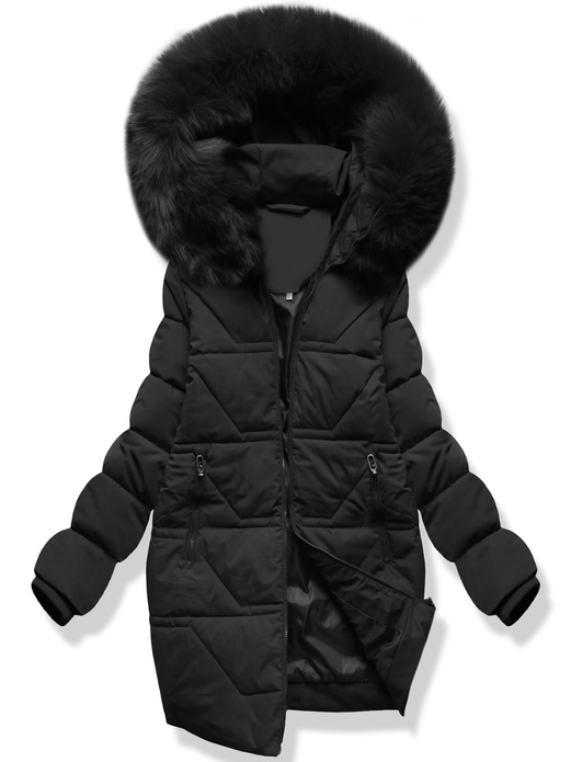 Czarna pikowana zimowa kurtka z kapturem