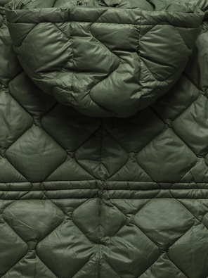 Khaki oversizowa zimowa damska pikowana w karo kurtka z kapturem