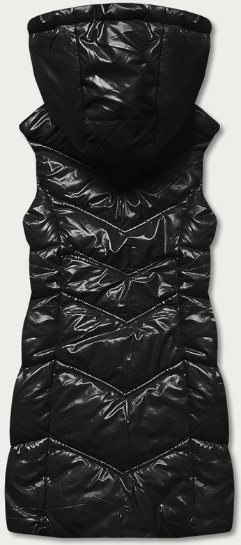 Czarny stylowy błyszczący pikowany bezrękawnik damski z kapturem