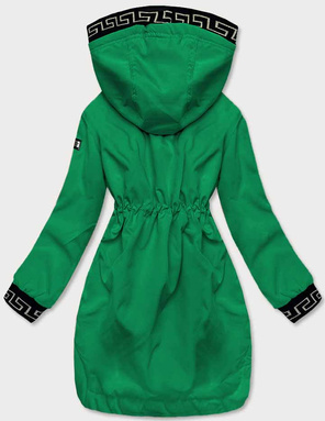 Zielona kurtka płaszcz z ozdobnymi lampasami we wzory z kapturem