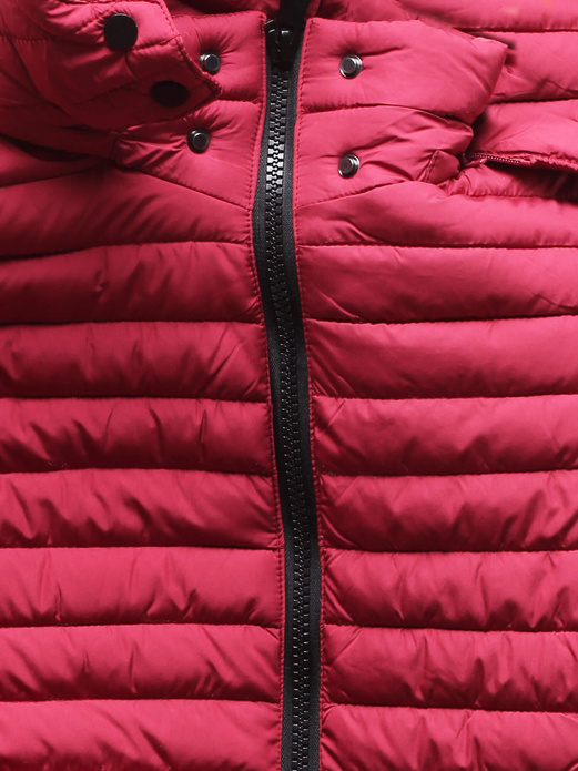 Bordowa przejściowa długa pikowana kurtka płaszczyk z odpinanym kapturem