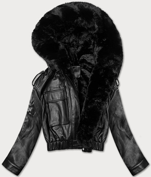 Czarna damska krótka skóra z futerkiem 