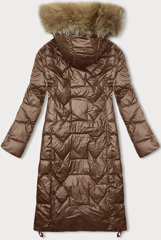 Karmelowa długa pikowana kurtka płaszczyk damski z kapturem