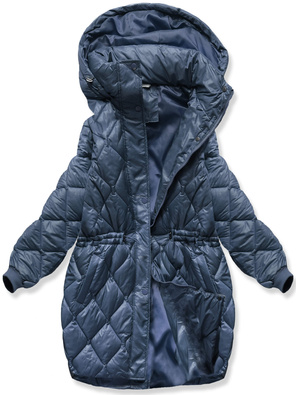 Granatowa oversizowa zimowa damska pikowana w karo kurtka z kapturem