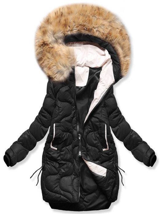 Czarna fenomenalna pikowana zimowa kurtka damska kożuch